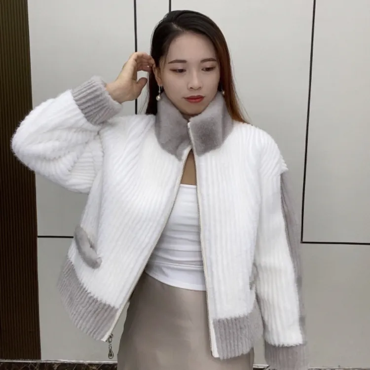 06秋冬新款爆款女士短外套毛毛外套撞色拼色谁穿谁好看设计师立领