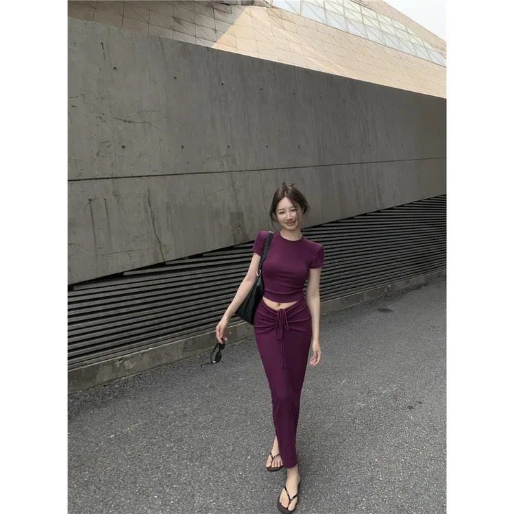 纯欲辣妹紫色两件套女装秋季圆领短袖打底T恤上衣高腰包臀半身裙