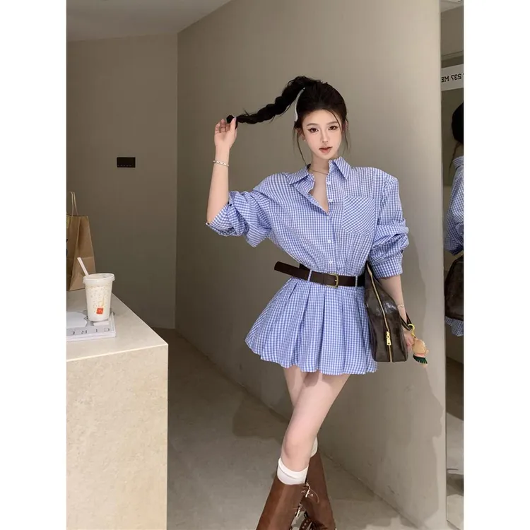 学院风蓝白格子衬衫连衣裙女装早秋长袖垫肩a字短裙高腰百褶裙子