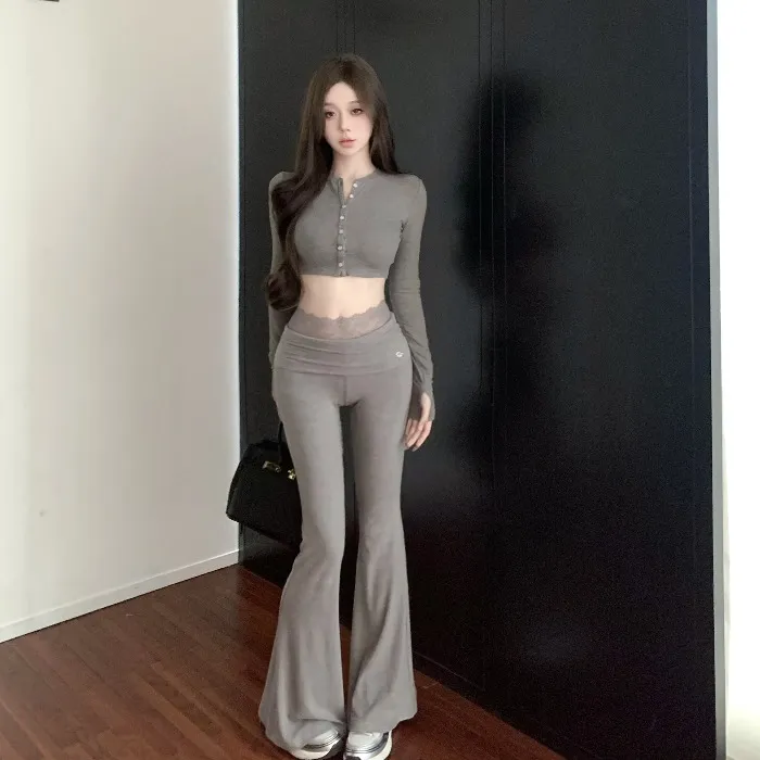 御姐性感套装女秋季修身短款长袖上衣高腰微喇叭休闲裤长裤两件套