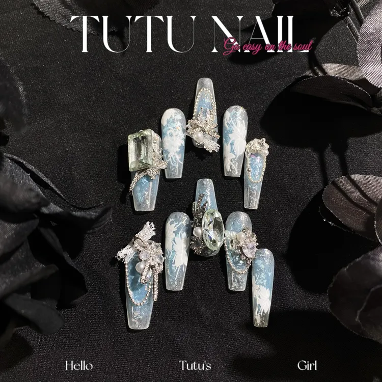 【海盐薄荷】TUTU NAIL手工穿戴可拆卸美甲重工奢华长T尖新中式蓝