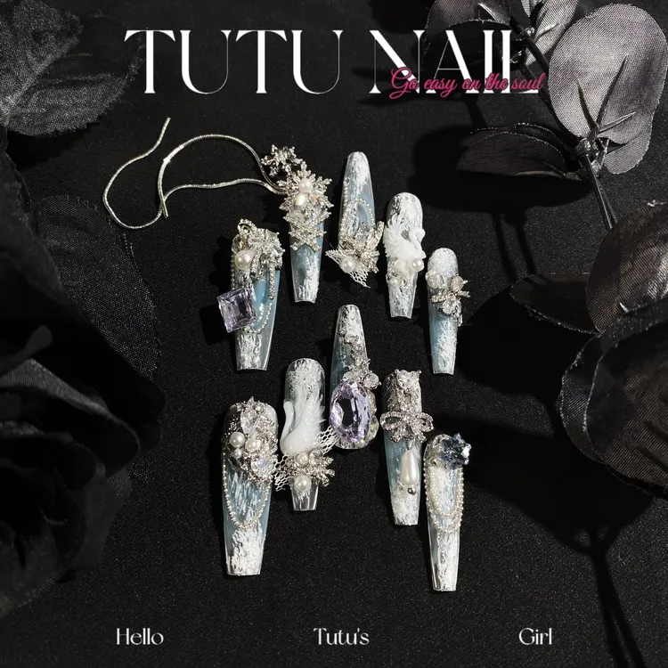 【天鹅湖】TUTU NAIL手工穿戴可拆卸美甲奢华重工超长T尖链条冰透