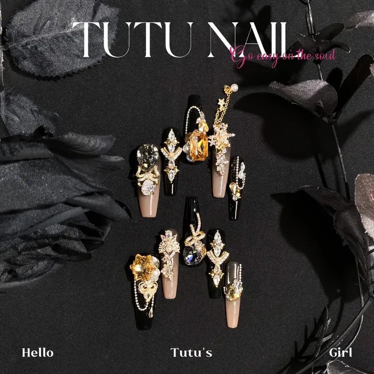 【指醉金迷】TUTU NAIL手工穿戴美甲秋冬显白重工黑金美拉德长款T尖