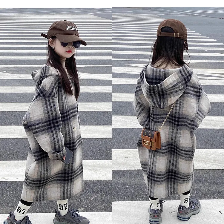 新款呢大衣韩版女童时尚连帽保暖大衣女孩小女孩中长款毛呢外套