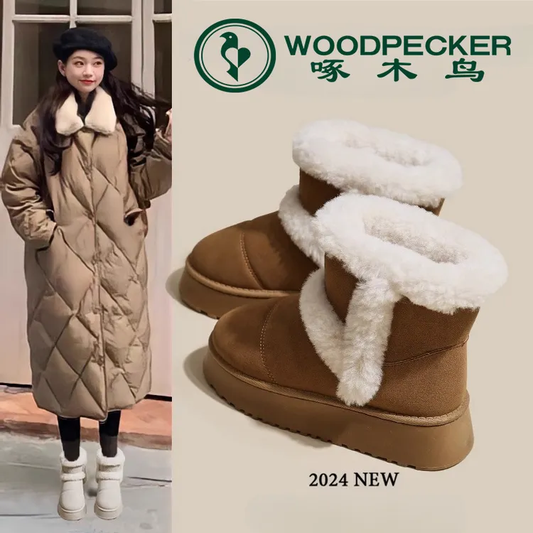 啄木鸟雪地靴女2024冬季新款短筒棉靴加绒加厚网红厚底保暖棉鞋子