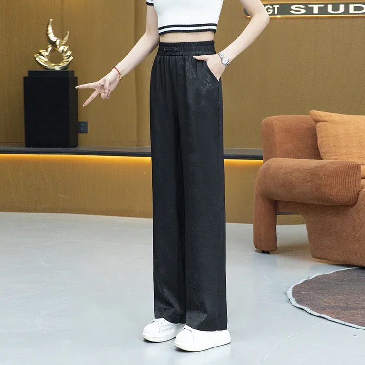 杭沐夏季新款新中式窄版阔腿裤宽松百搭显瘦国潮风中年高腰直筒裤