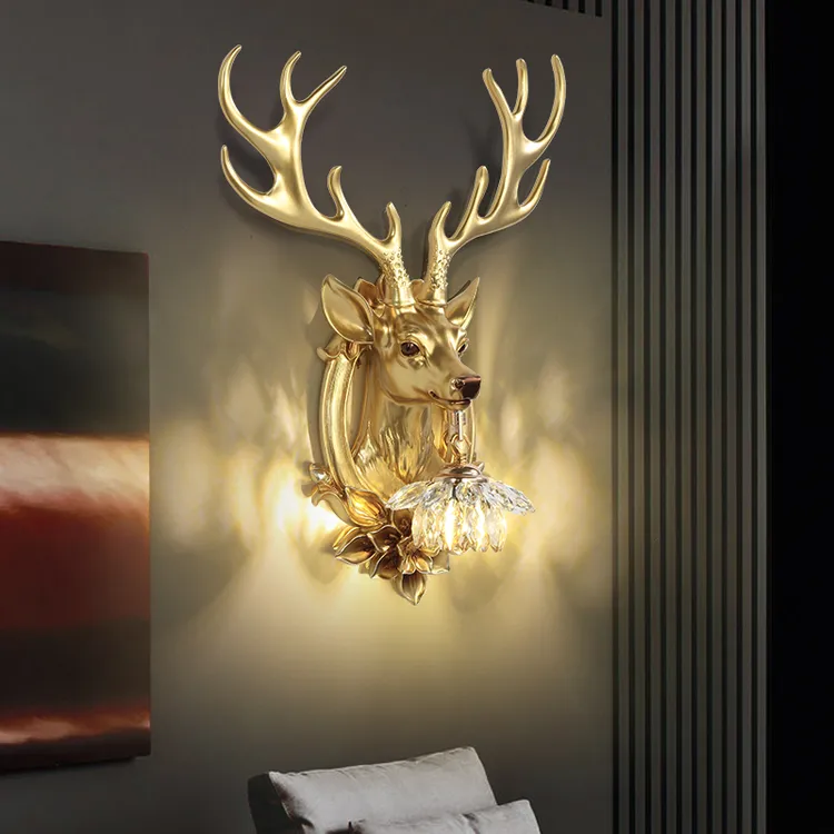 美式复古鹿头玄关个性电视背景墙卧室过道客厅水晶鹿角灯壁画家用