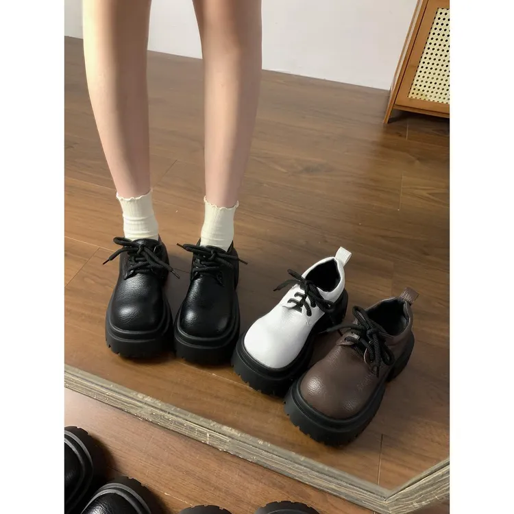 英伦风复古百搭小皮鞋女秋季新款松糕厚底时尚增高欧美风系带单鞋