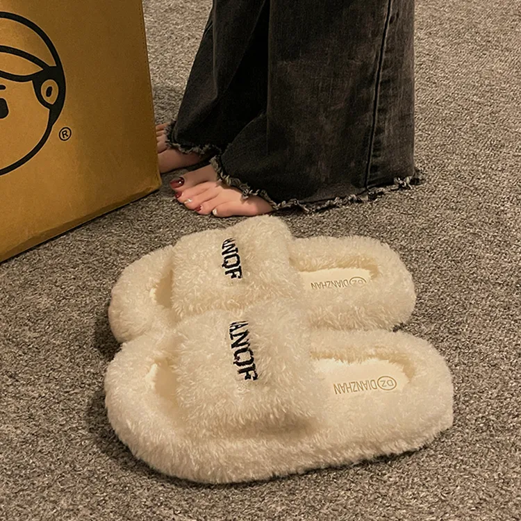 冬天厚底毛毛鞋女鞋子2024年新款小众设计感刺绣一字增高棉拖鞋子
