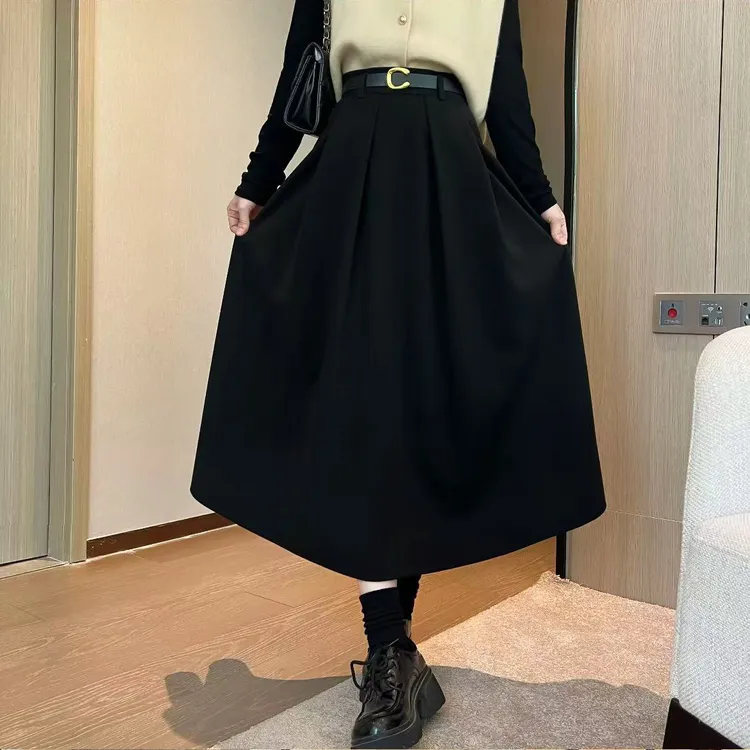 配腰带加绒加厚秋冬半身裙气质百褶裙新款高腰中长款毛呢长裙6018