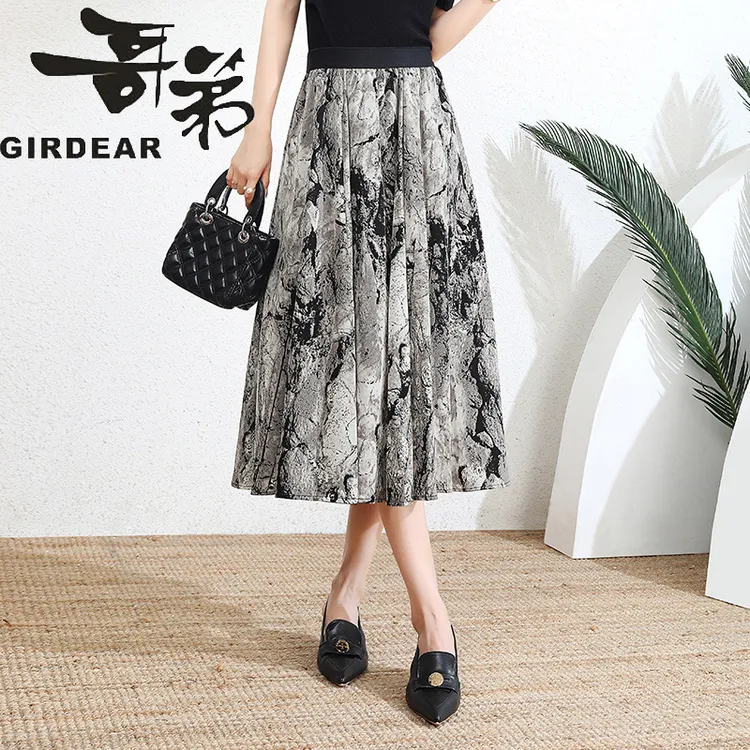 哥弟品牌女装半身裙夏季新款高腰气质时尚仙女裙印花高档半身裙子