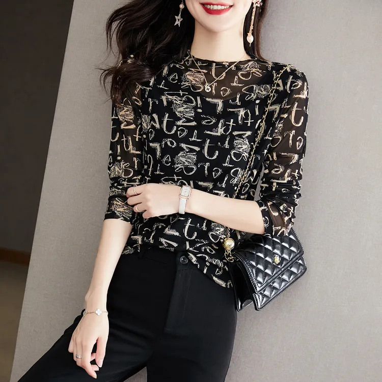 尚静大码字母印染圆领雪纺衫2024秋新款时尚气质简约通勤打底衫女