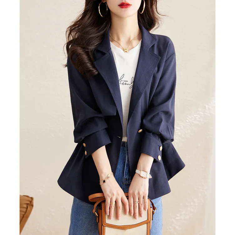 尚静百搭通勤风西装领外套收腰短款外套2024秋新款风衣外套女时尚