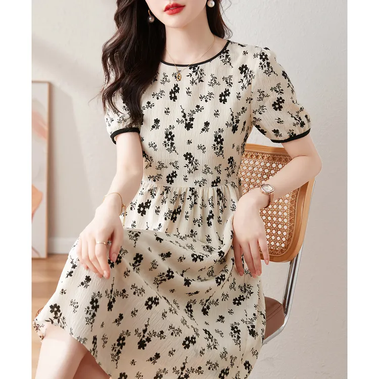 法式优雅淑女风碎花连衣裙2025夏季新款收腰显瘦拼接中长裙女
