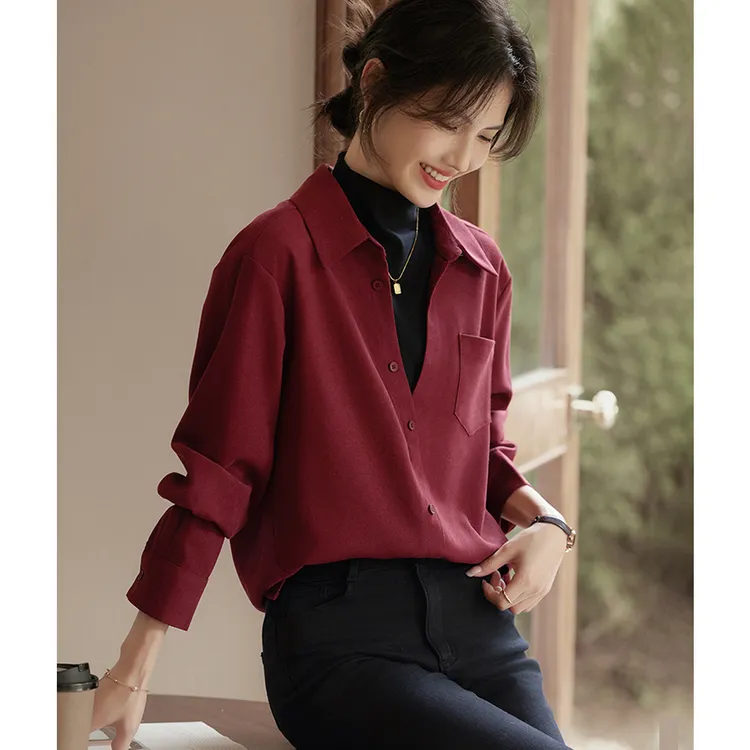 尚静磨毛拼接撞色半高领衬衫2024冬季新款时尚气质通勤风上衣衬衣