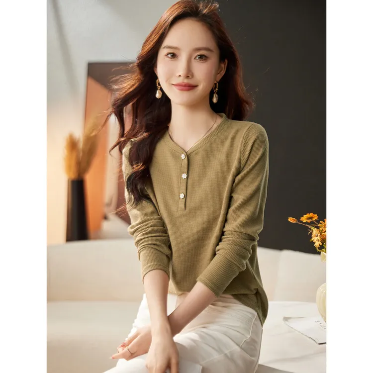 简约小清新小衫半开领T恤2025春季新款修身显瘦长袖上衣女