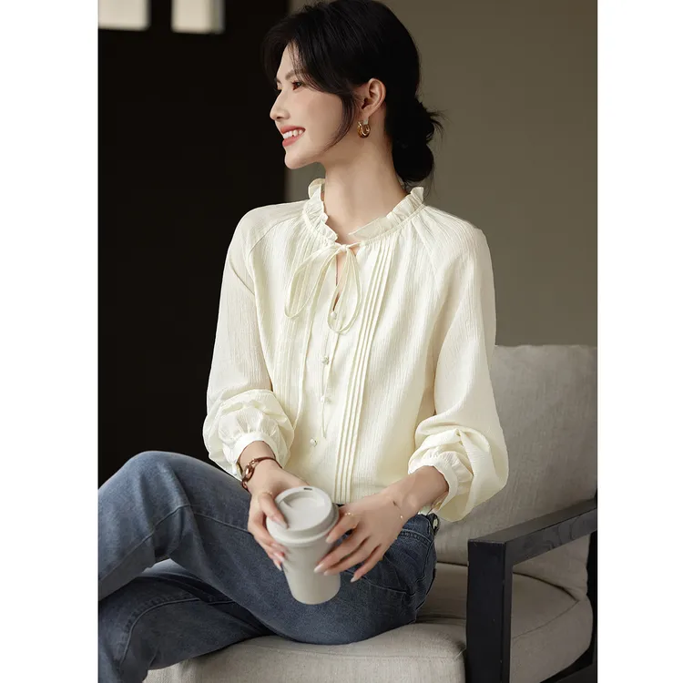 白月光莱赛尔衬衫2025春季新款肌理感甜美减龄系带女式衬衫