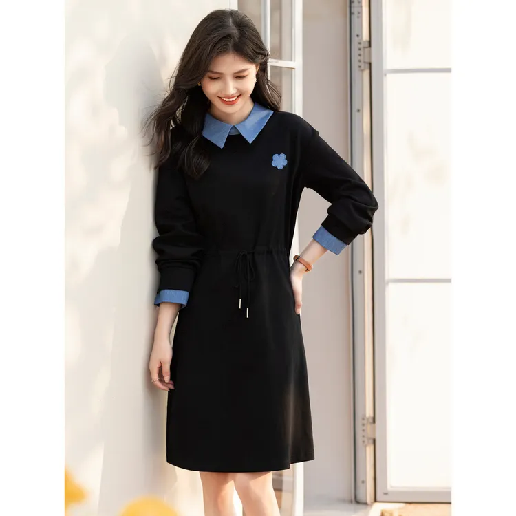 尚静减龄娃娃领拼接假两件连衣裙2024秋季新款抽绳收腰A字裙女