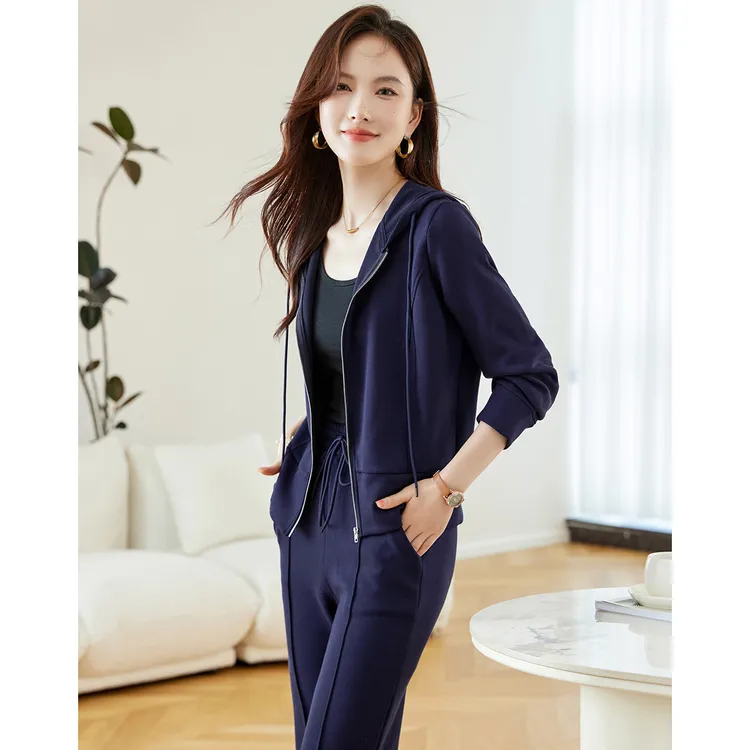 尚静藏青色户外休闲运动风套装2024秋季新款连帽外套+抽绳长裤