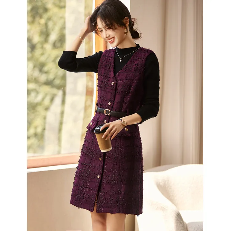 尚静精致感小香风背心裙两件套2024冬季新款针织衫直筒裙套装女