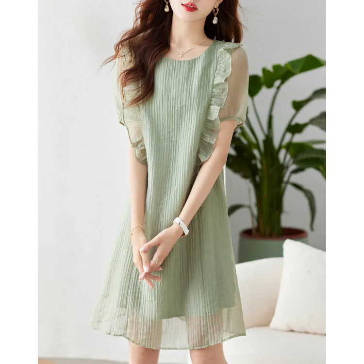 尚静气质荷叶边网纱拼接连衣裙2024夏新款纯色简约直筒连衣裙女