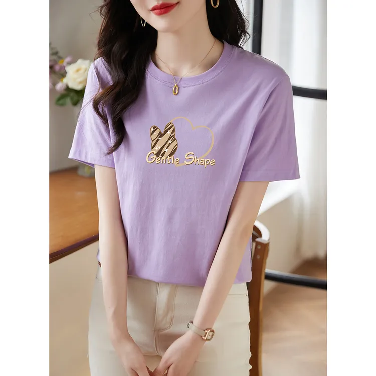 尚静心形字母印花短袖T恤2025夏季新款休闲百搭时尚通勤圆领上衣