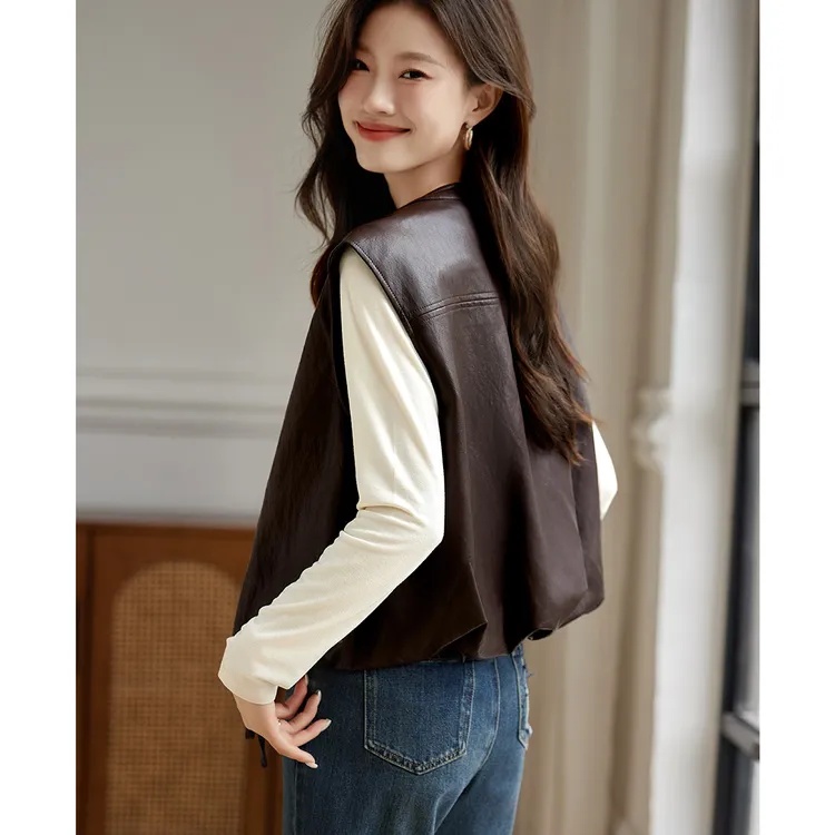 尚静无扣设计宽松圆领马甲2024秋季新款简约抽绳下摆防皮马夹