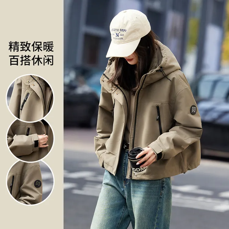尚静加绒加厚高级感宽松连帽保暖短外套2024冬季新款缩水休闲百搭