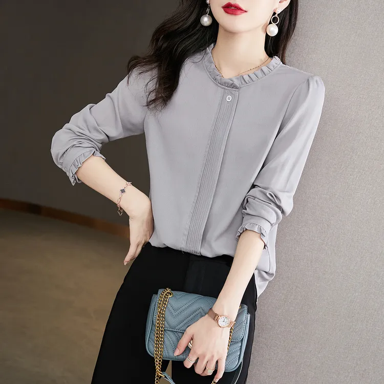 简约通勤长袖衬衫女2025春新款时尚气质隐藏单排扣荷叶领上衣