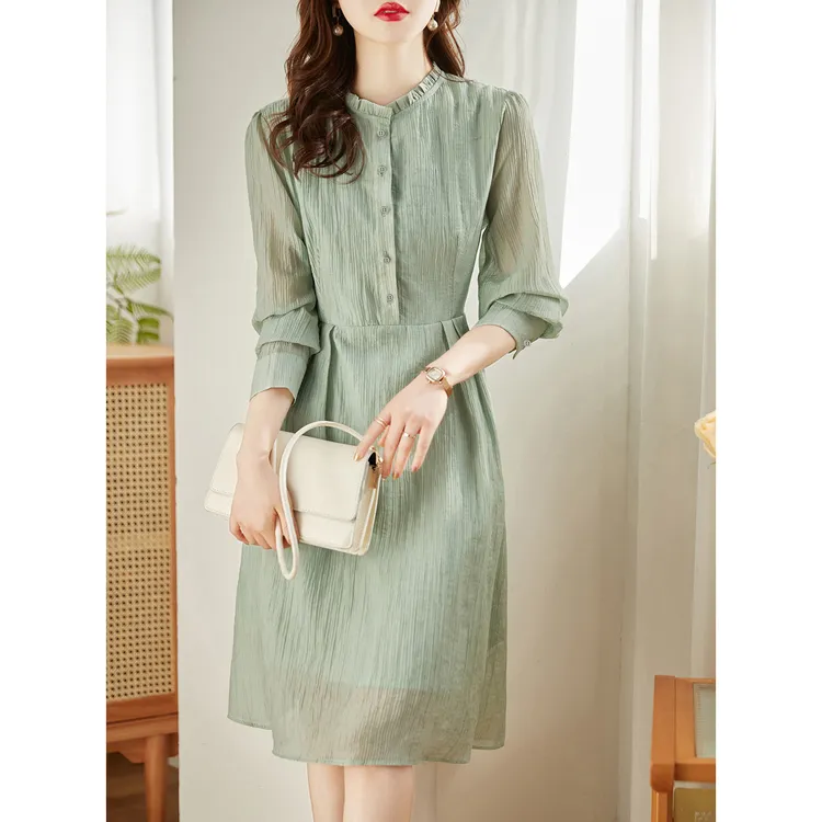 尚静纯色简约木耳领连衣裙2025秋季新款单排扣长袖中长款连衣裙