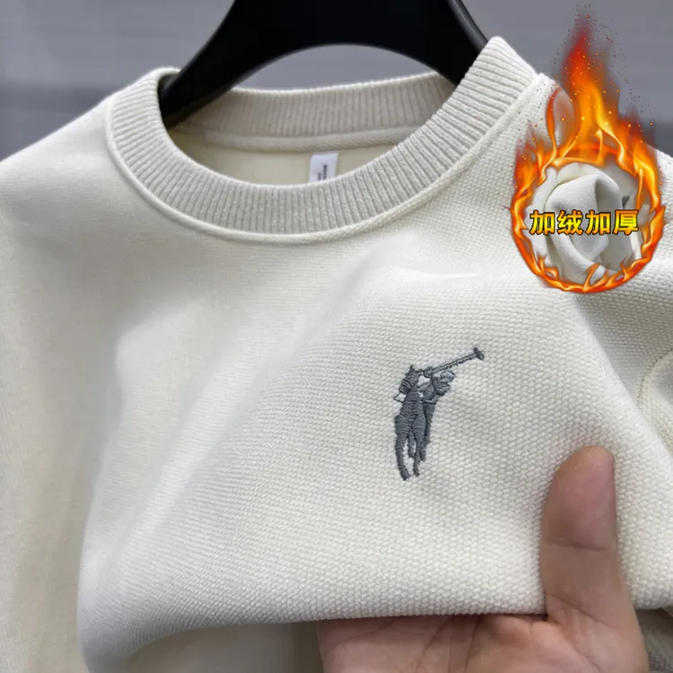 一体绒纯色百搭长袖针织衫潮流圆领卫衣男秋冬小马标上衣加绒加厚