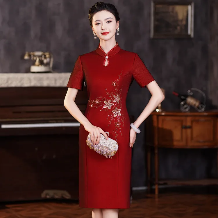 国风旗袍裙新中式中年妈妈装婚宴装喜婆婆连衣裙WPD215-6416