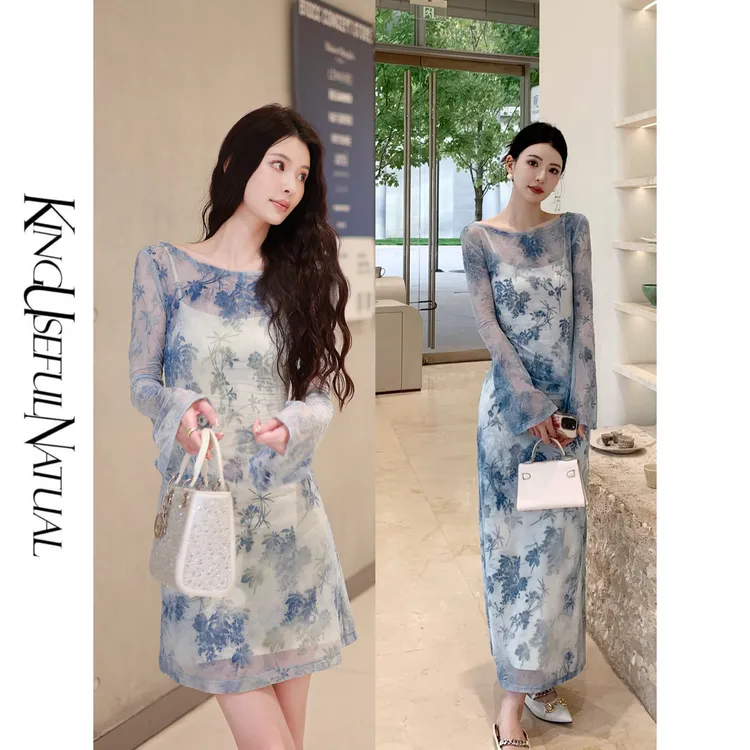  KUN【爱乐之城】清冷万人迷 丝绒烧花湖蓝色连衣裙（含吊带打底裙）