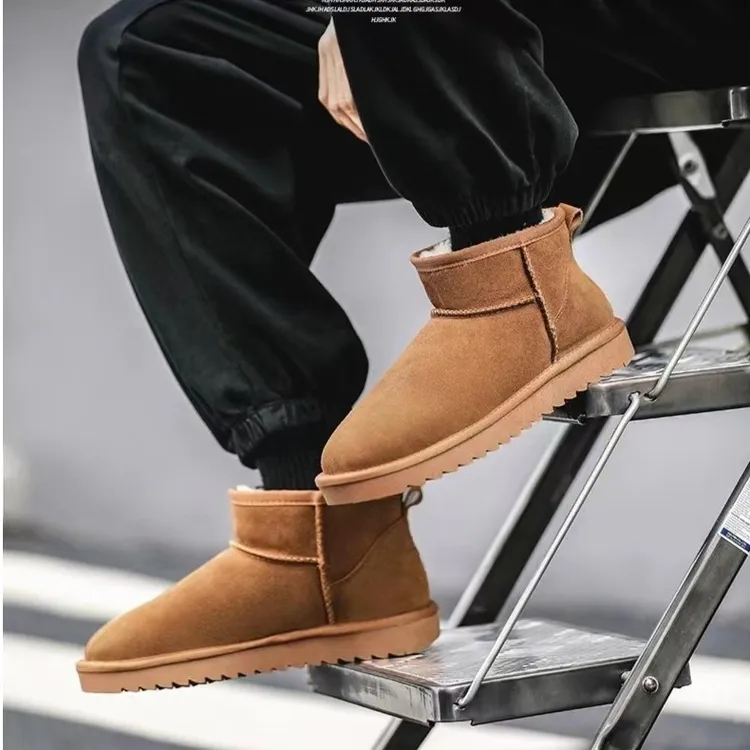 真牛皮雪地靴男士短筒靴子皮毛一体加绒加厚冬季保暖低帮棉鞋2023