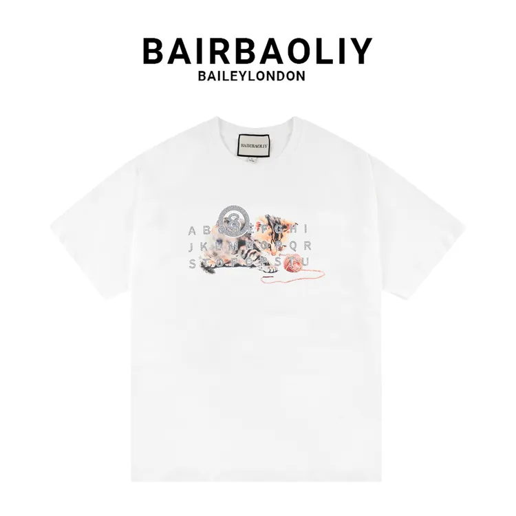 BAIRBAOLIY/柏堡里品牌夏季纯棉高奢猫咪印花字母烫钻T恤男女同款