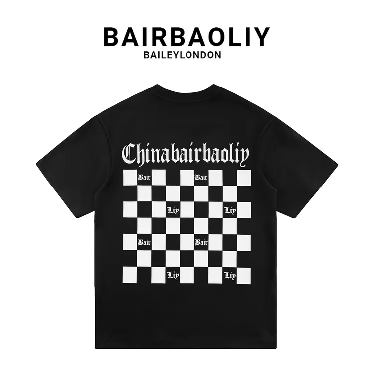 BAIRBAOLIY/柏堡里潮牌美式高街棋盘格印花短袖T恤男女情侣款ins