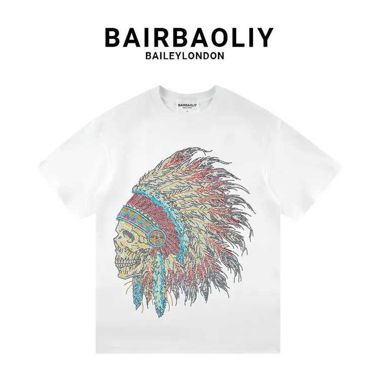 BAIRBAOLIY潮牌复古骷髅酋长烫钻个性潮流短袖T恤男士时尚半袖衫