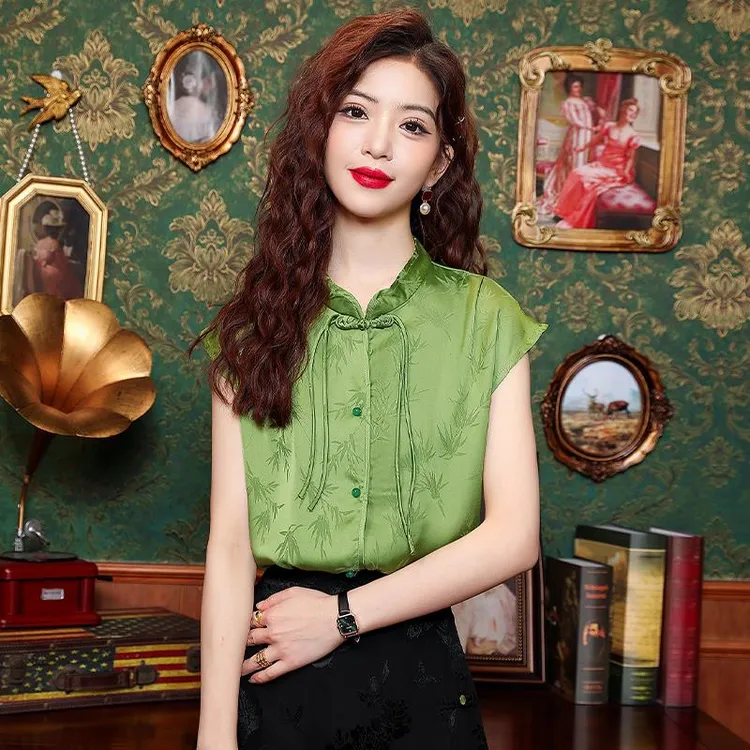 国风女装2024新款夏季立领短袖衬衫高级感复古盘扣仿新款提花上衣