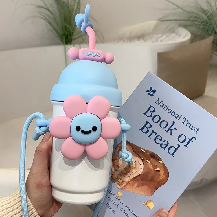 蓓丝奇创意防摔直饮杯家用大容量便携少女心防漏小学生花朵保温杯