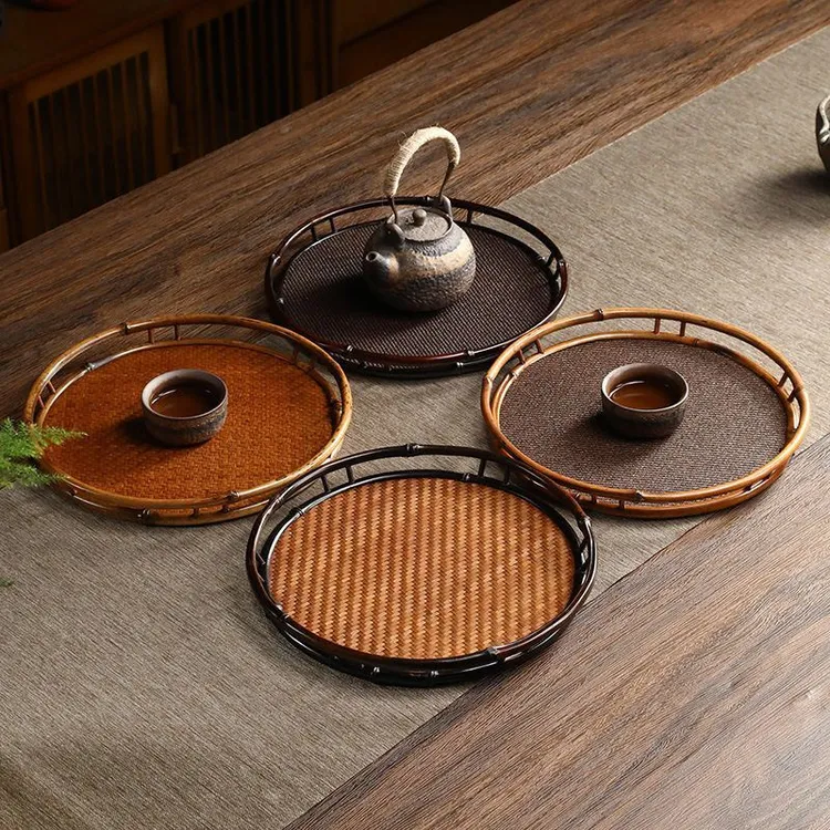 手工竹编茶盘家用梅鹿竹制收纳盘文盘干泡台圆形托盘藤席功夫茶