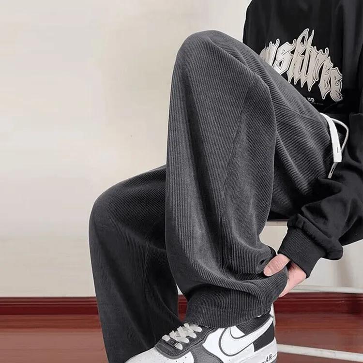 港风裤子男秋冬季宽松直筒休闲长裤潮流百搭阔腿雪尼尔运动拖地裤