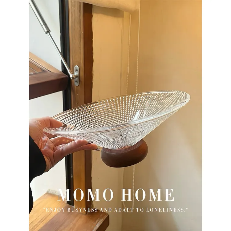 MOMO·玻璃果盘橡胶木底座高档轻奢高脚前台高颜值水果盘 ·