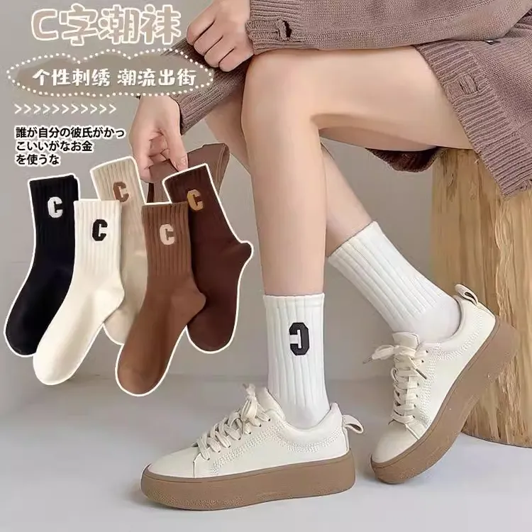 袜子女中筒秋冬透气中筒运动字母百搭韩版潮流ins春秋运动袜