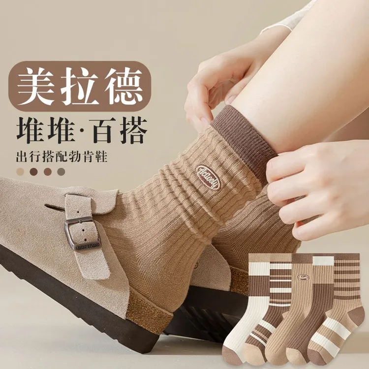 秋冬款女士中筒袜美拉德色系条纹长袜百搭咖色系学院风ins堆堆袜