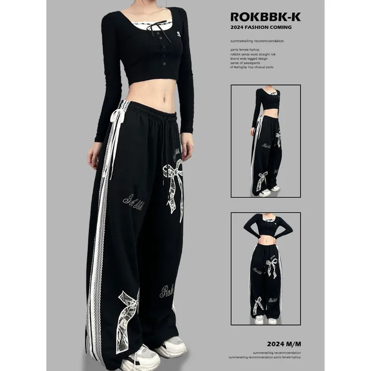 ROKBBK-K/布韩街舞潮牌蕾丝边条运动休闲jazz长裤女嘻哈宽松裤子