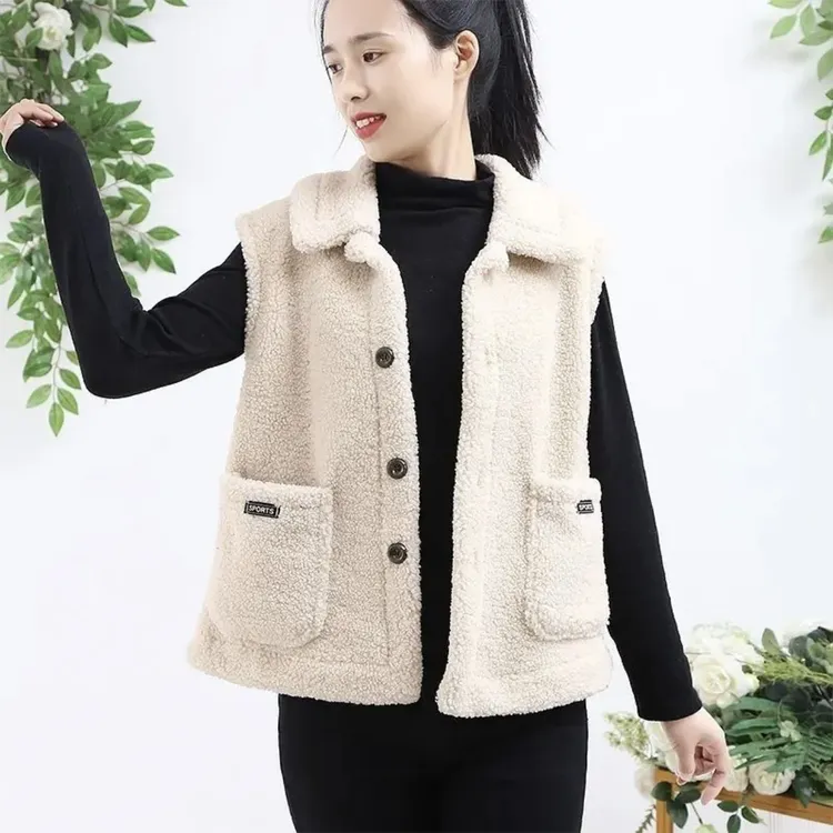 颗粒绒皮毛一体马甲女秋冬宽松背心坎肩外套马夹加厚加绒时尚外穿