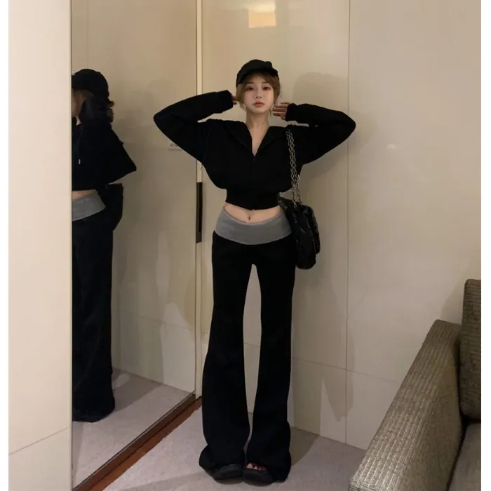 辣妹连帽拉链长袖卫衣外套上衣撞色微喇叭拖地裤加绒两件套女秋冬