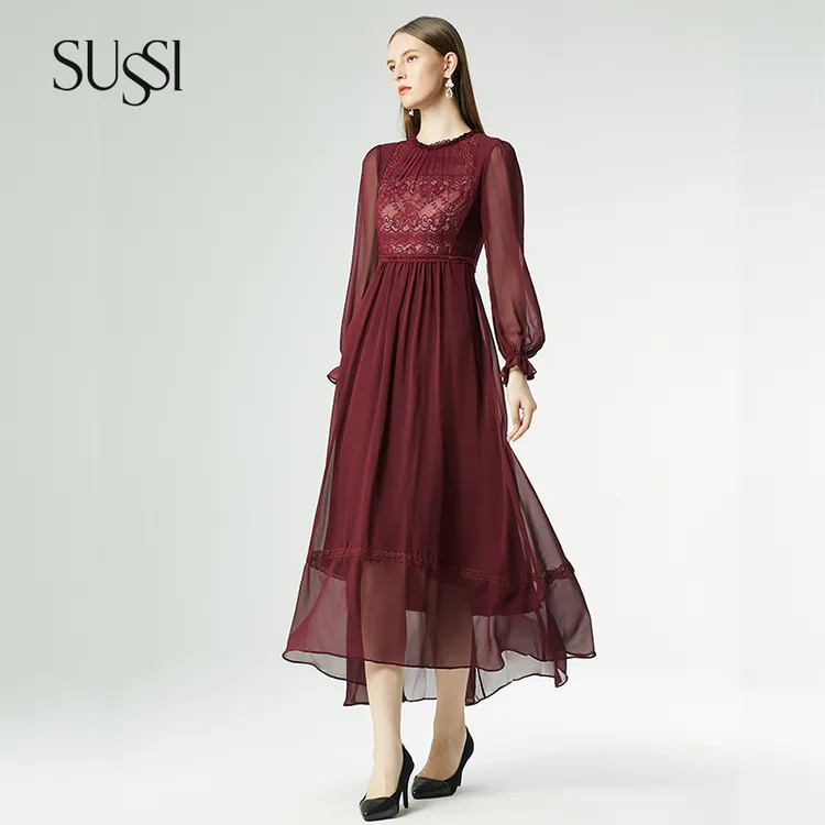 【女王行从】SUSSI/古色圆领红色设计师收腰轻奢长袖时尚优雅气质