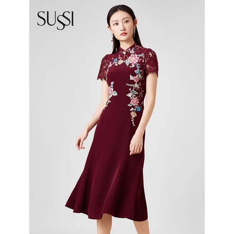 【古色.礼服】SUSSI古色刺绣优雅修身连衣裙酒红色显瘦宴会气质喜装