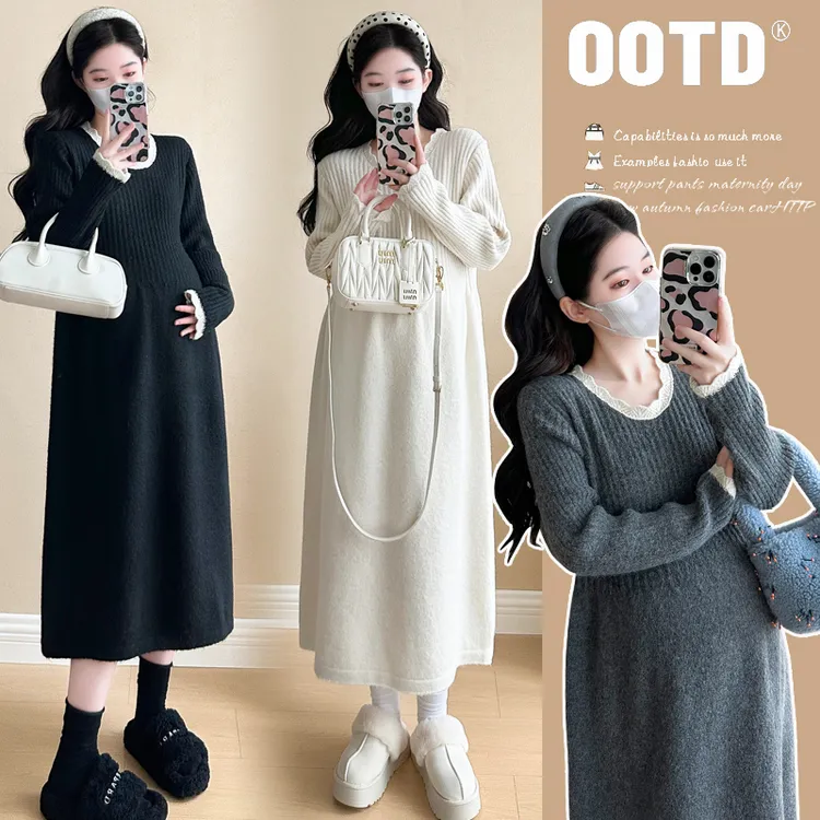 孕妇连衣裙秋冬新款毛衣针织显瘦孕妈连衣裙花边拼接宽松打底裙